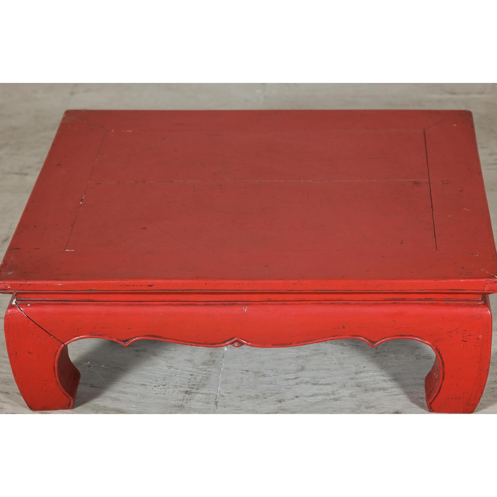Red Lacquer Low Kang Table with Curved Legs and Scalloped Apron