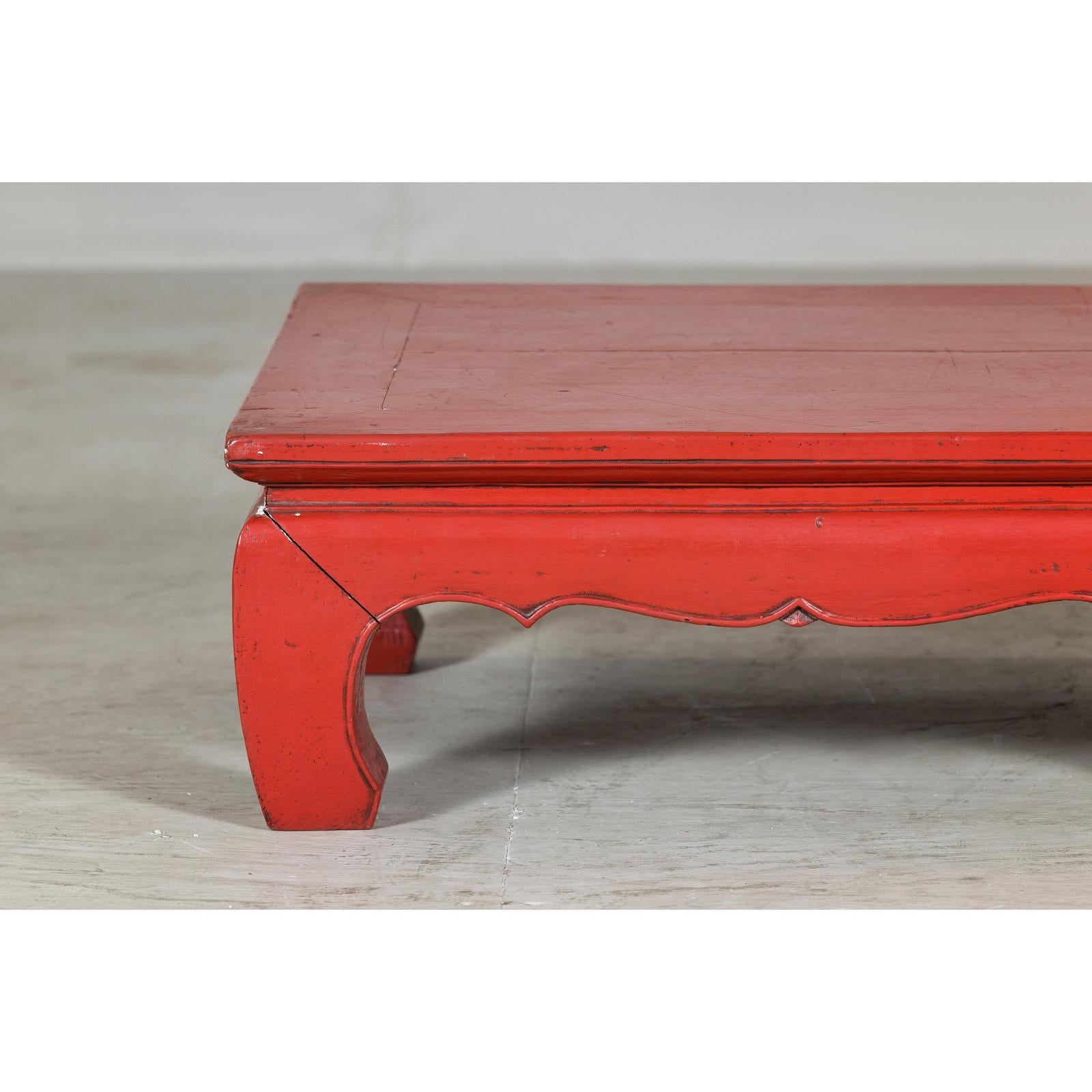 Red Lacquer Low Kang Table with Curved Legs and Scalloped Apron