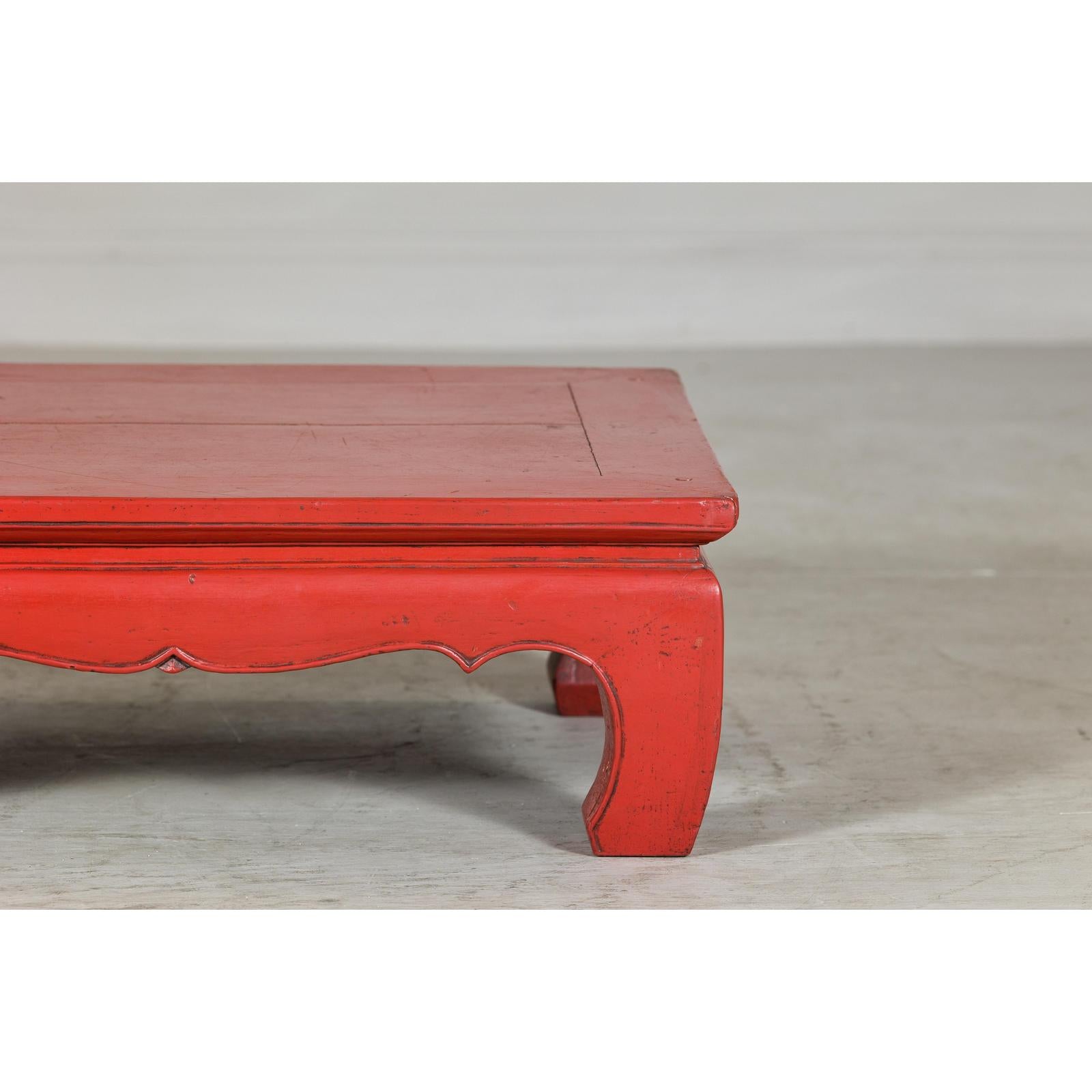 Red Lacquer Low Kang Table with Curved Legs and Scalloped Apron