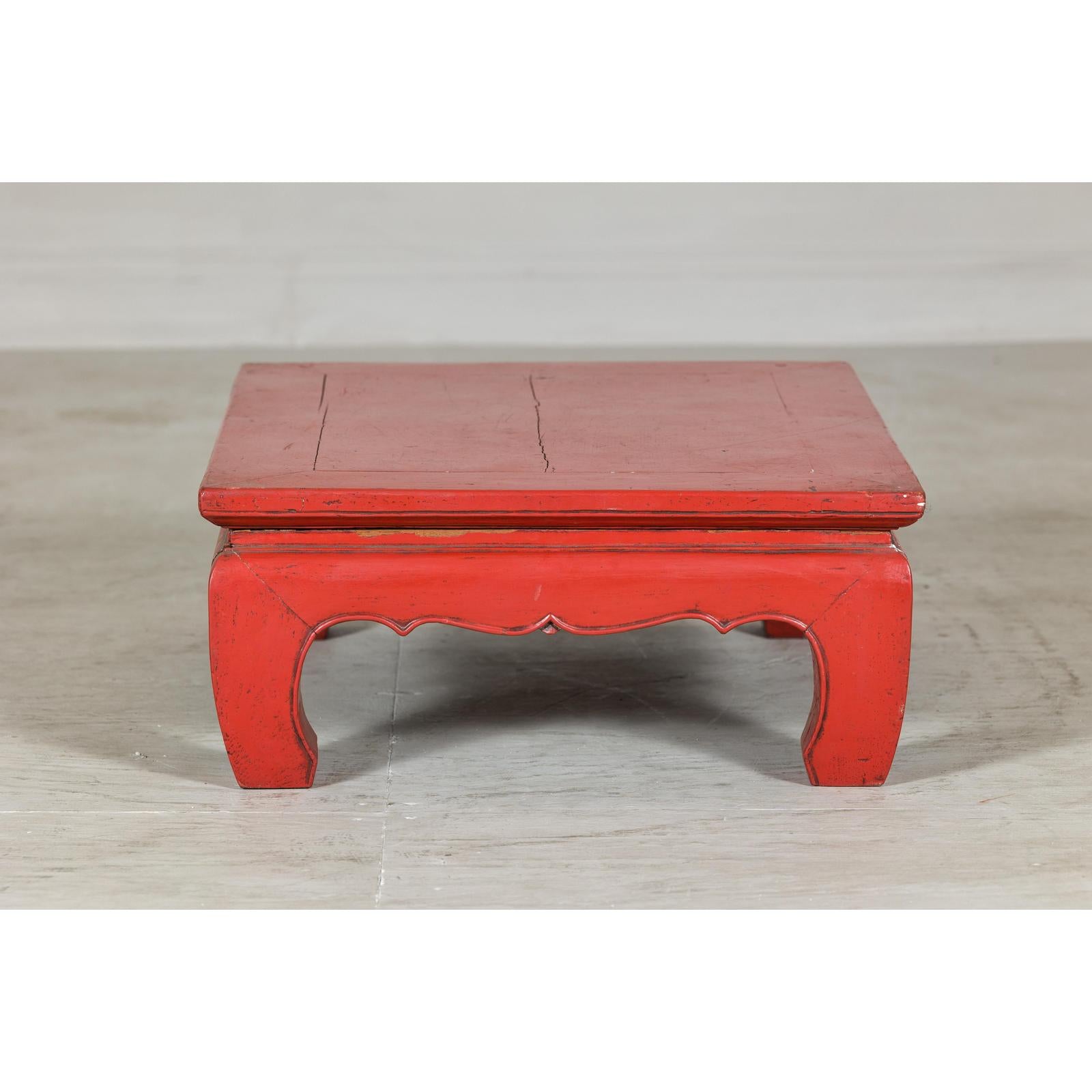Red Lacquer Low Kang Table with Curved Legs and Scalloped Apron