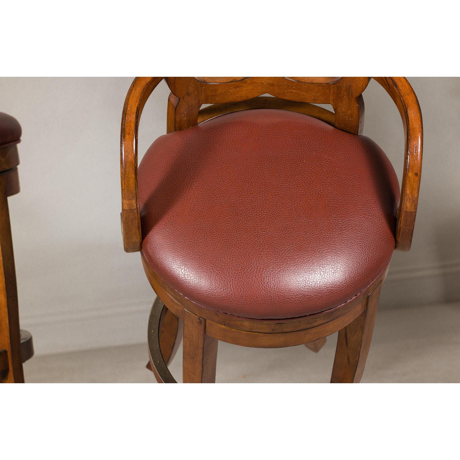 Swivel Bar Stools with Carved Backs and Faux Leather Seats – Set of Three