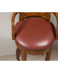 Swivel Bar Stools with Carved Backs and Faux Leather Seats – Set of Three