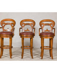 Swivel Bar Stools with Carved Backs and Faux Leather Seats – Set of Three