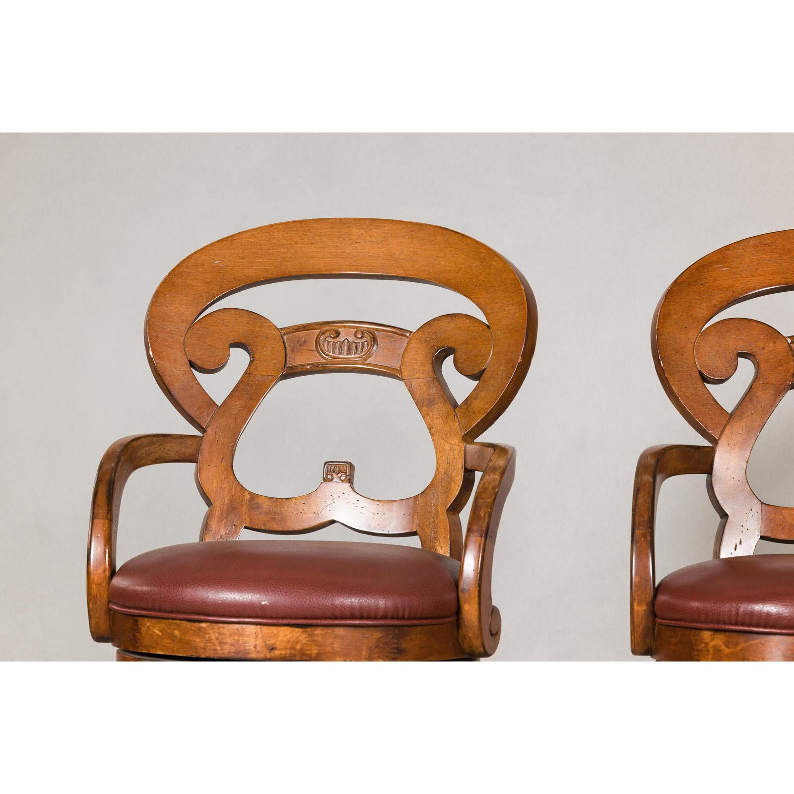 Swivel Bar Stools with Carved Backs and Faux Leather Seats – Set of Three