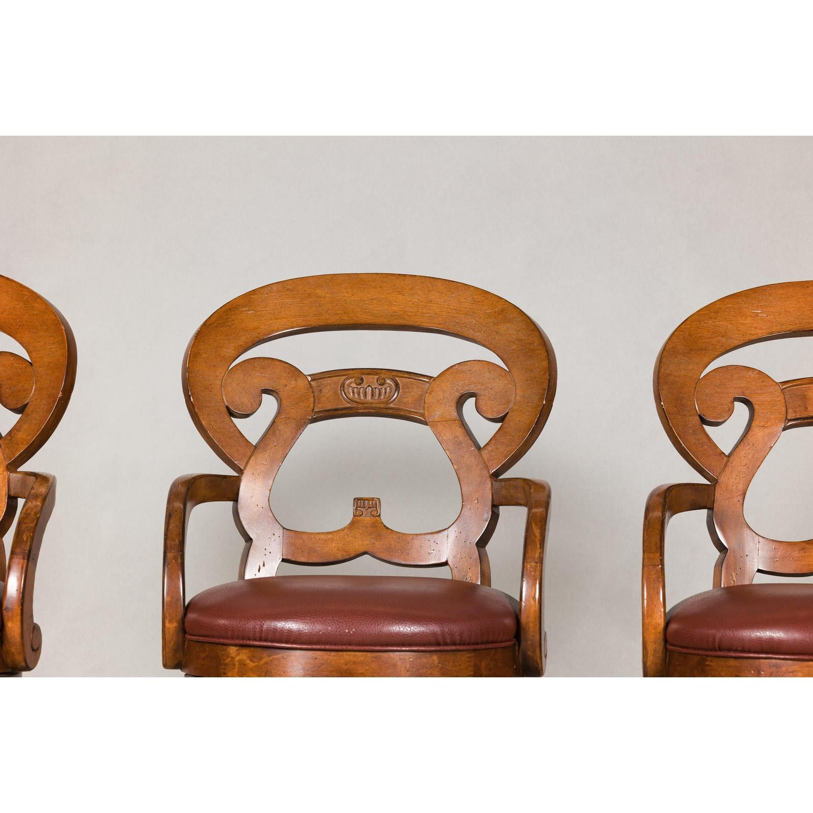 Swivel Bar Stools with Carved Backs and Faux Leather Seats – Set of Three