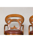Swivel Bar Stools with Carved Backs and Faux Leather Seats – Set of Three