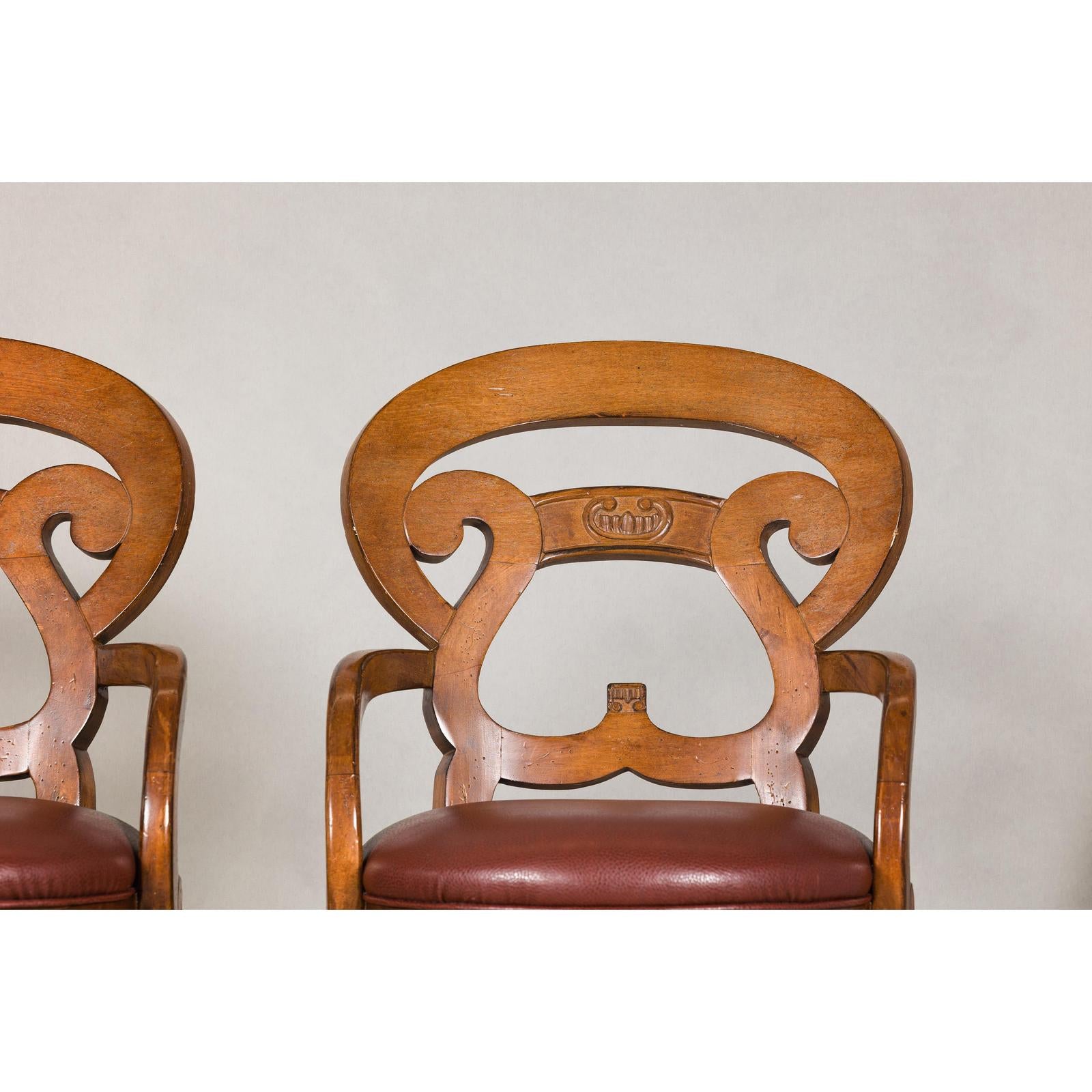 Swivel Bar Stools with Carved Backs and Faux Leather Seats – Set of Three