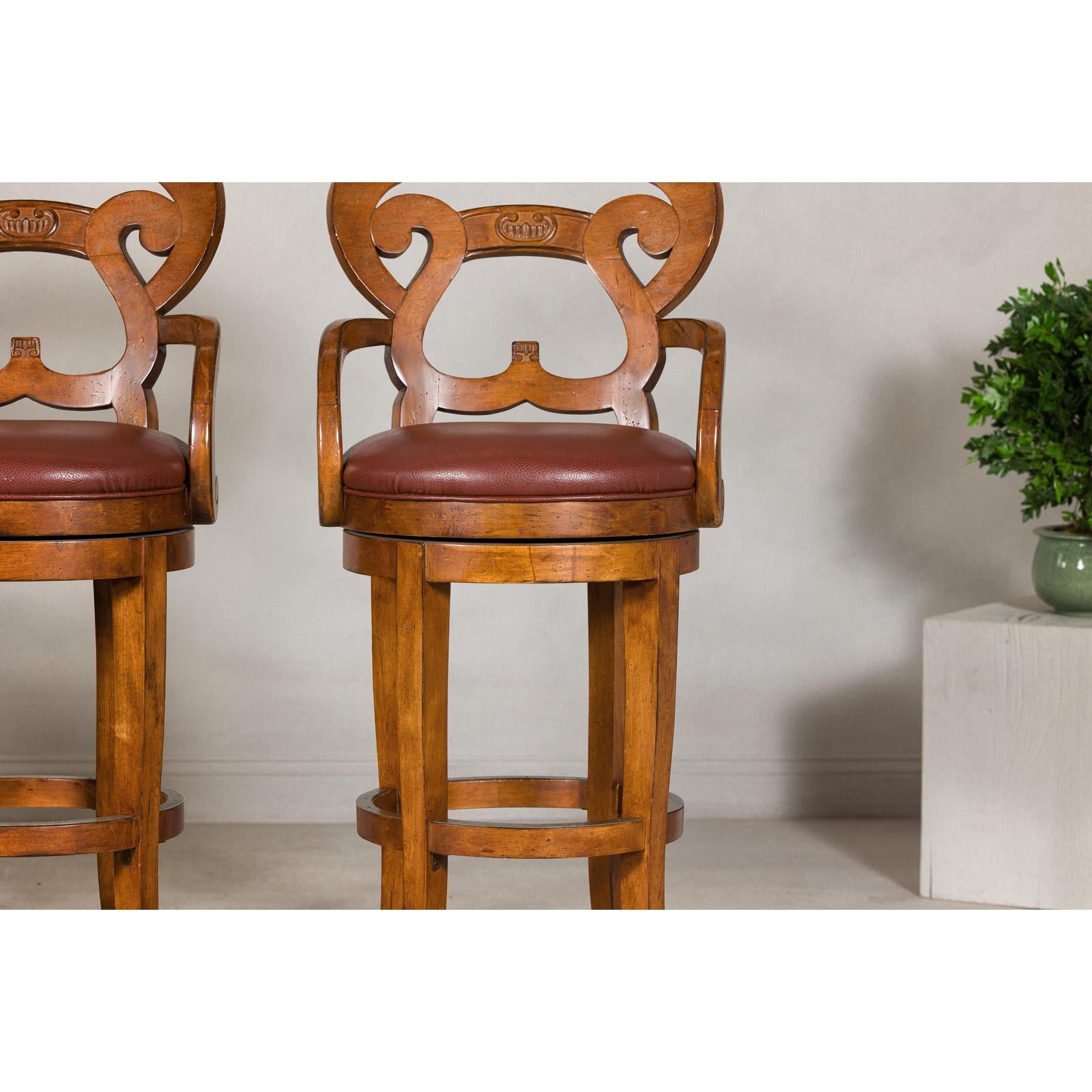 Swivel Bar Stools with Carved Backs and Faux Leather Seats – Set of Three