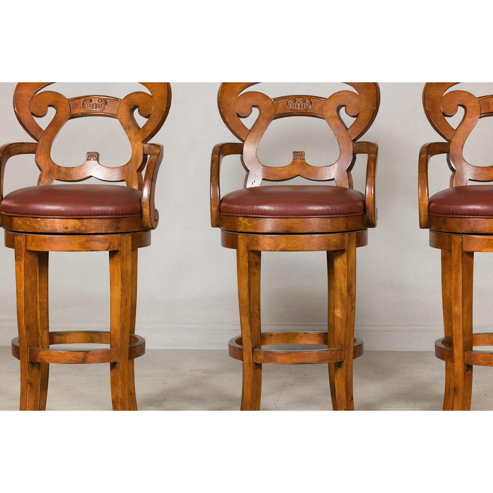 Swivel Bar Stools with Carved Backs and Faux Leather Seats – Set of Three