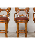Swivel Bar Stools with Carved Backs and Faux Leather Seats – Set of Three