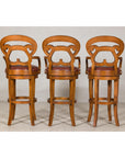 Swivel Bar Stools with Carved Backs and Faux Leather Seats – Set of Three