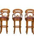 Swivel Bar Stools with Carved Backs and Faux Leather Seats – Set of Three