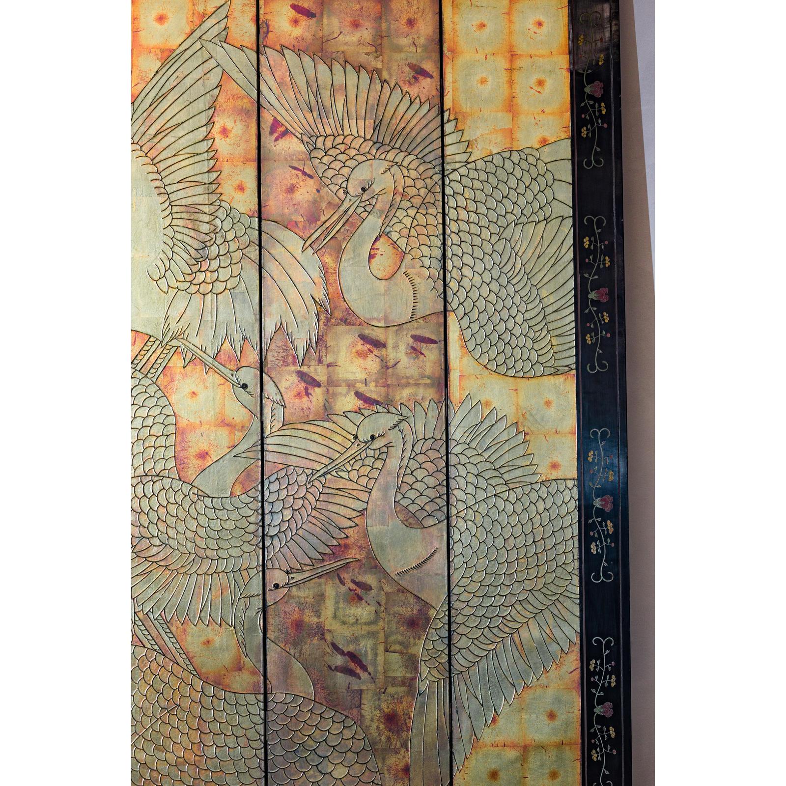 Mid-Century Coromandel Screen with Gold Cranes and Lacquered Floral Back