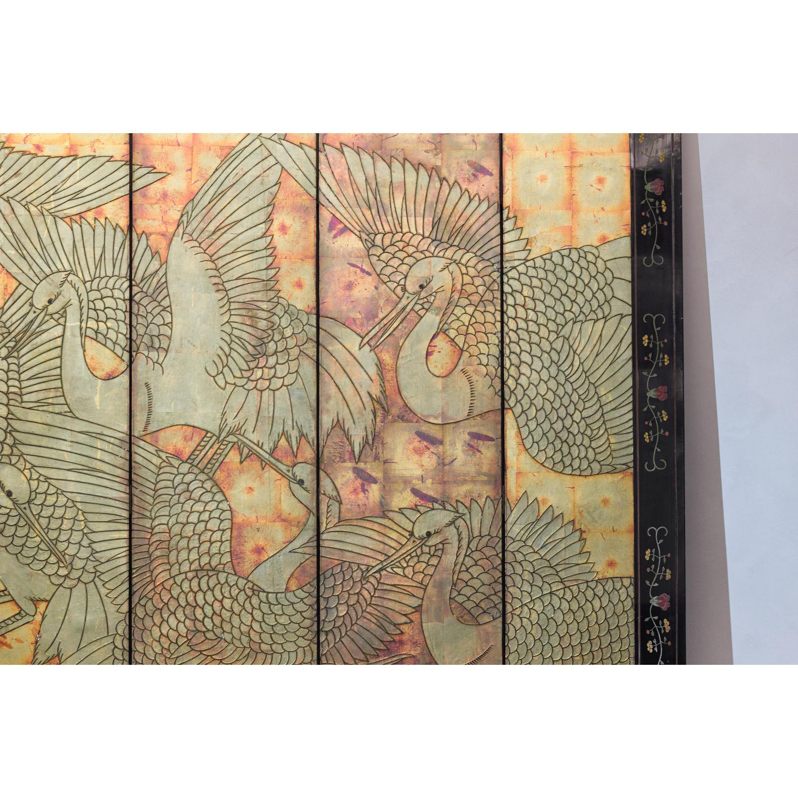 Mid-Century Coromandel Screen with Gold Cranes and Lacquered Floral Back