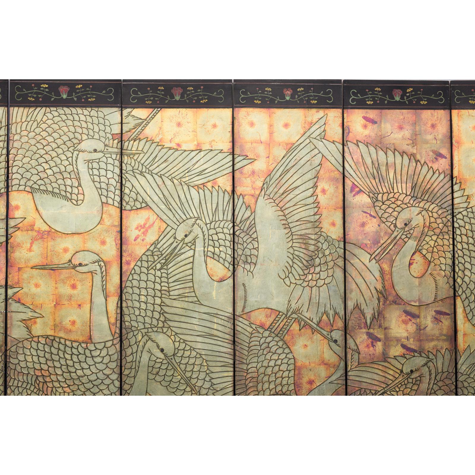 Mid-Century Coromandel Screen with Gold Cranes and Lacquered Floral Back