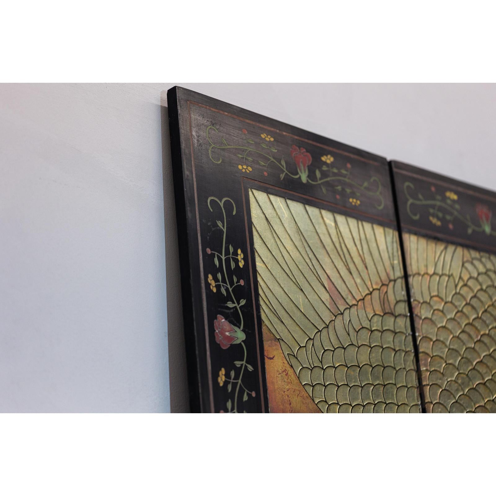 Mid-Century Coromandel Screen with Gold Cranes and Lacquered Floral Back
