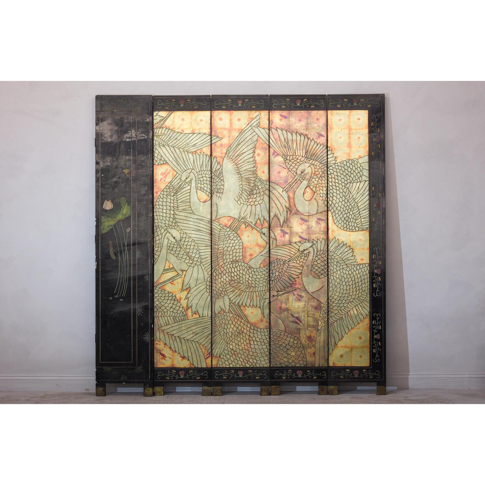 Mid-Century Coromandel Screen with Gold Cranes and Lacquered Floral Back