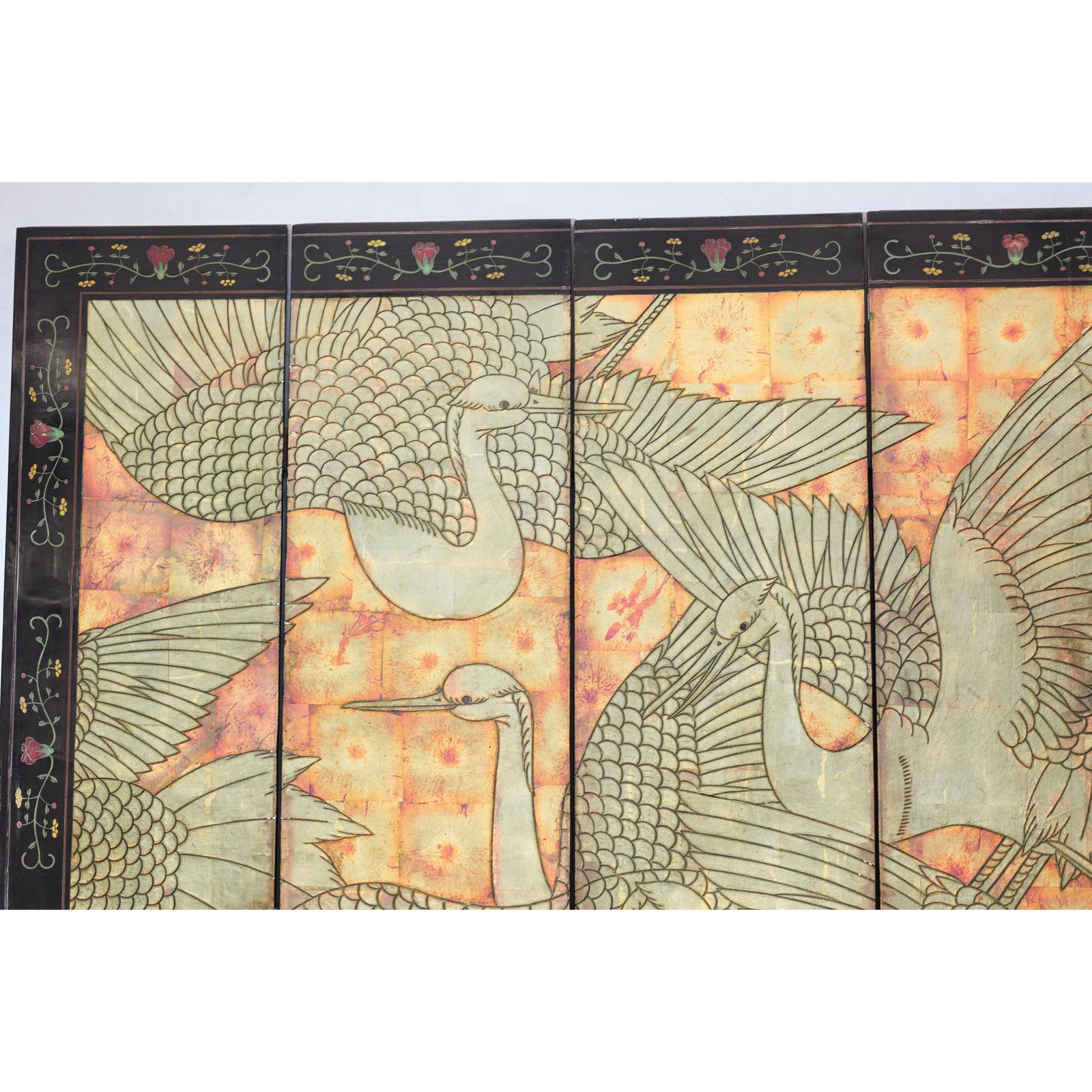 Mid-Century Coromandel Screen with Gold Cranes and Lacquered Floral Back