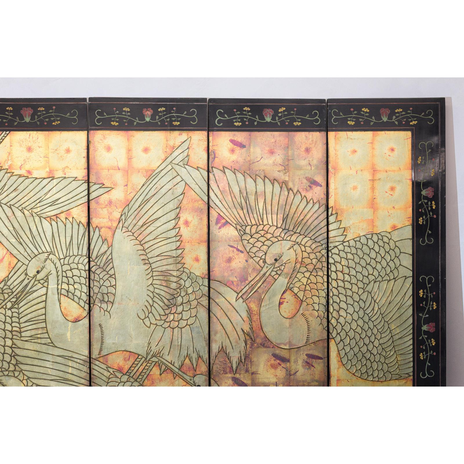 Mid-Century Coromandel Screen with Gold Cranes and Lacquered Floral Back
