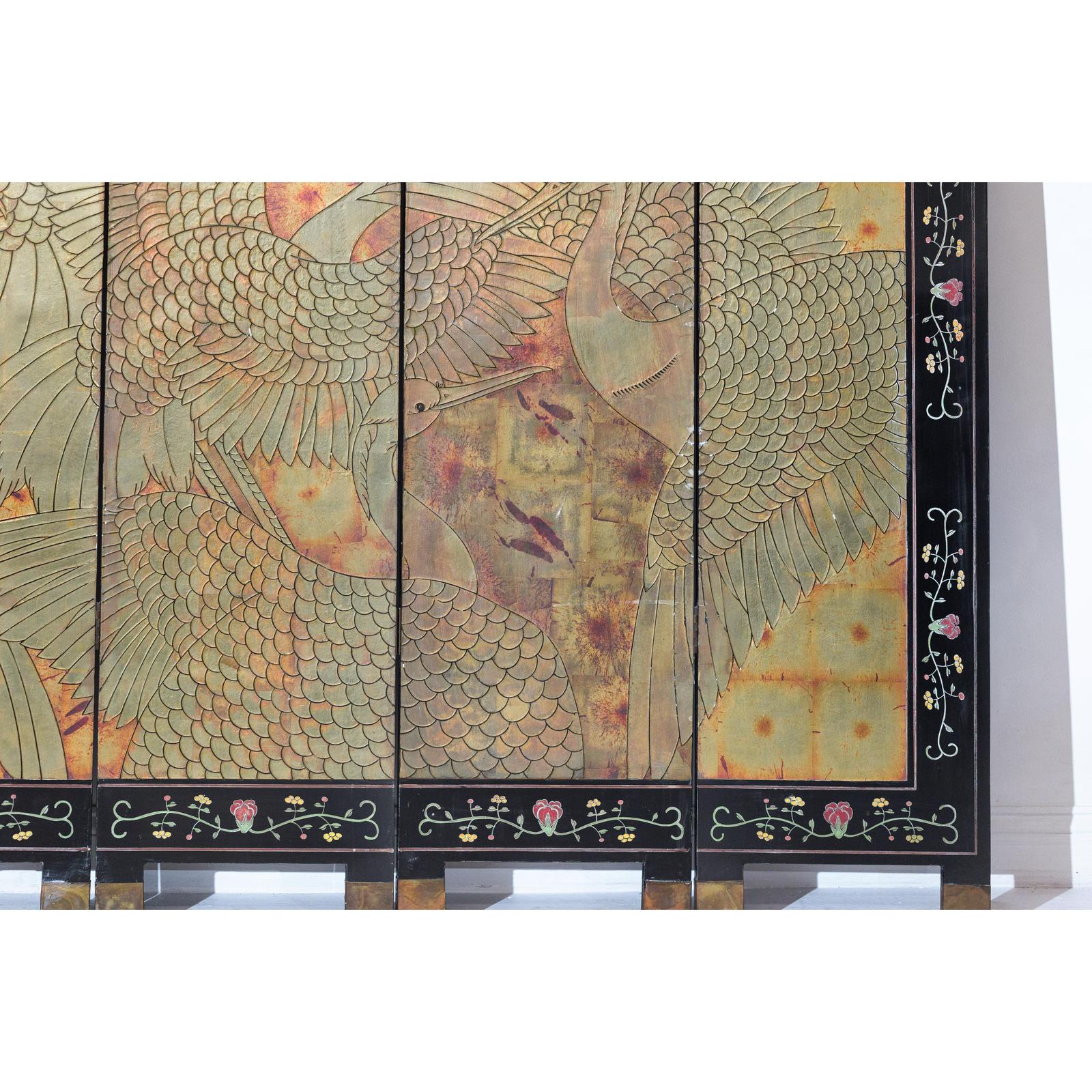 Mid-Century Coromandel Screen with Gold Cranes and Lacquered Floral Back