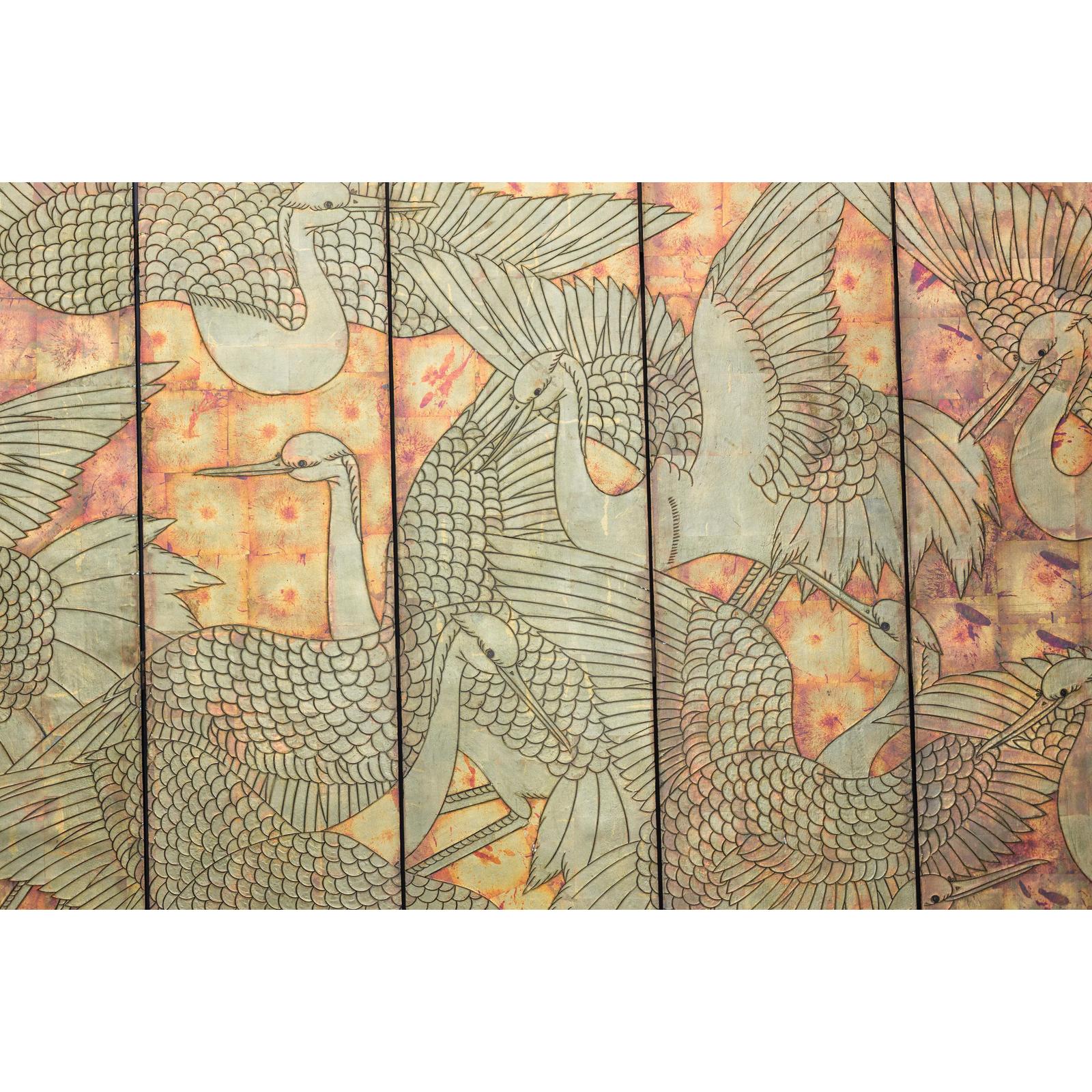 Mid-Century Coromandel Screen with Gold Cranes and Lacquered Floral Back