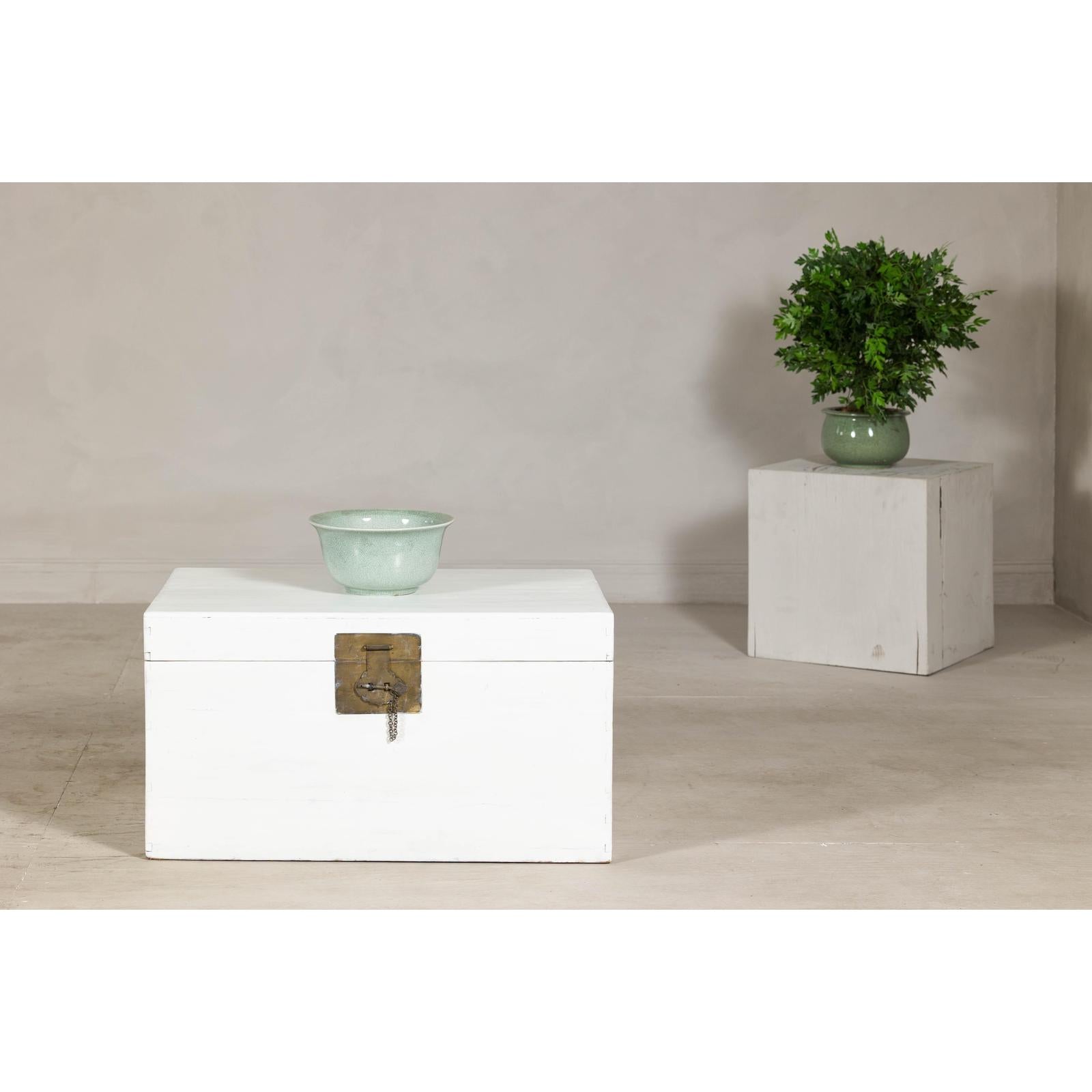 White Lacquered Trunk with Brass Hardware, Vintage Storage Chest