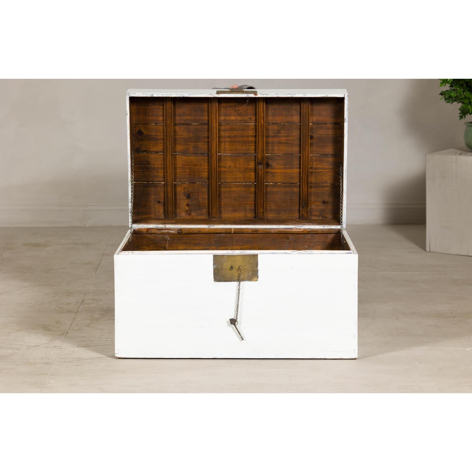 White Lacquered Trunk with Brass Hardware, Vintage Storage Chest