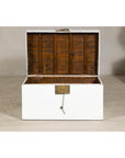 White Lacquered Trunk with Brass Hardware, Vintage Storage Chest