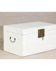 White Lacquered Trunk with Brass Hardware, Vintage Storage Chest