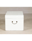 White Lacquered Trunk with Brass Hardware, Vintage Storage Chest