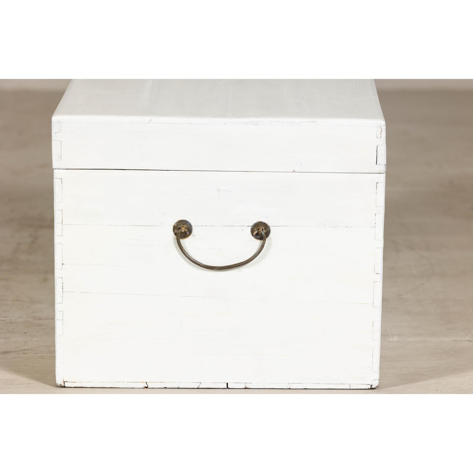 White Lacquered Trunk with Brass Hardware, Vintage Storage Chest