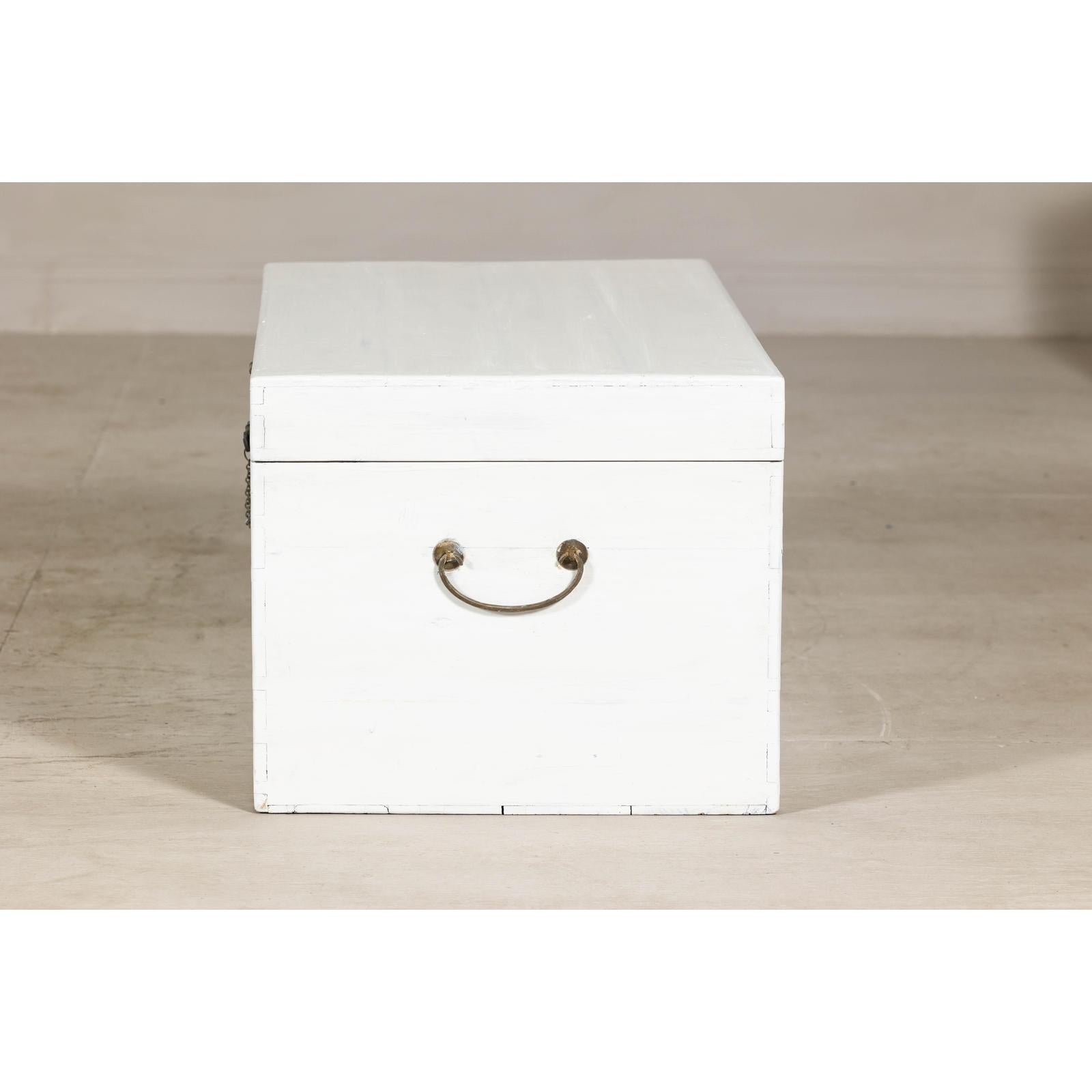 White Lacquered Trunk with Brass Hardware, Vintage Storage Chest