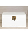 White Lacquered Trunk with Brass Hardware, Vintage Storage Chest