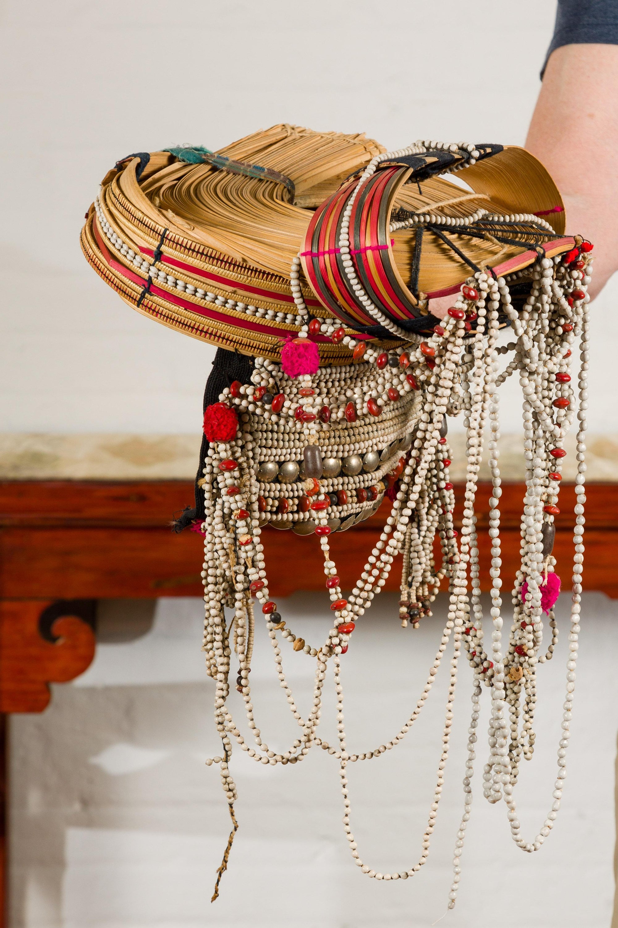 Ulo Tribal Akha Woman&#39;s Headdress with Framework of Bamboo and Beads