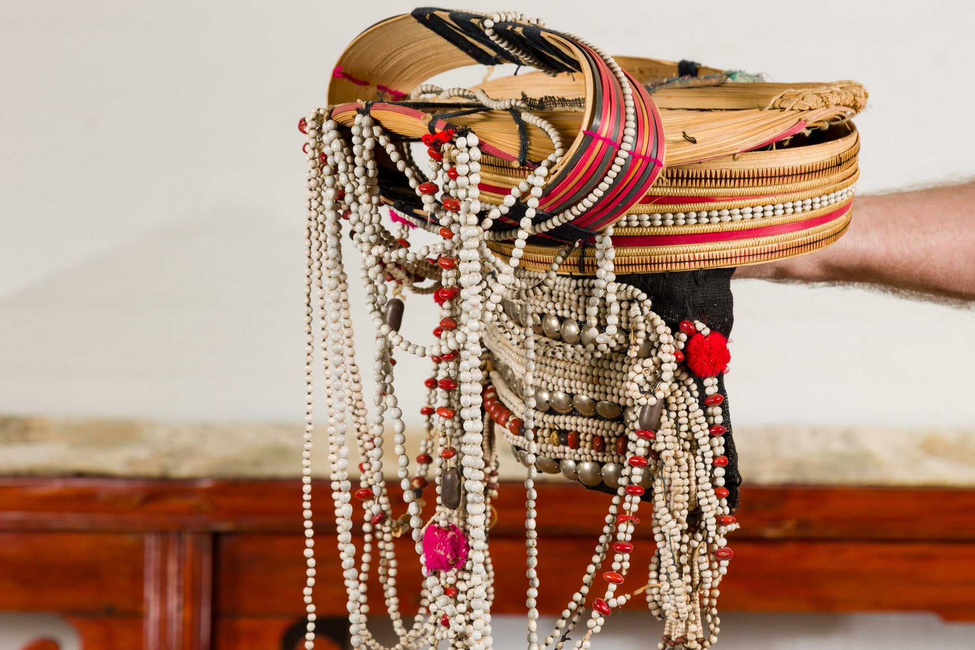 Ulo Tribal Akha Woman&#39;s Headdress with Framework of Bamboo and Beads