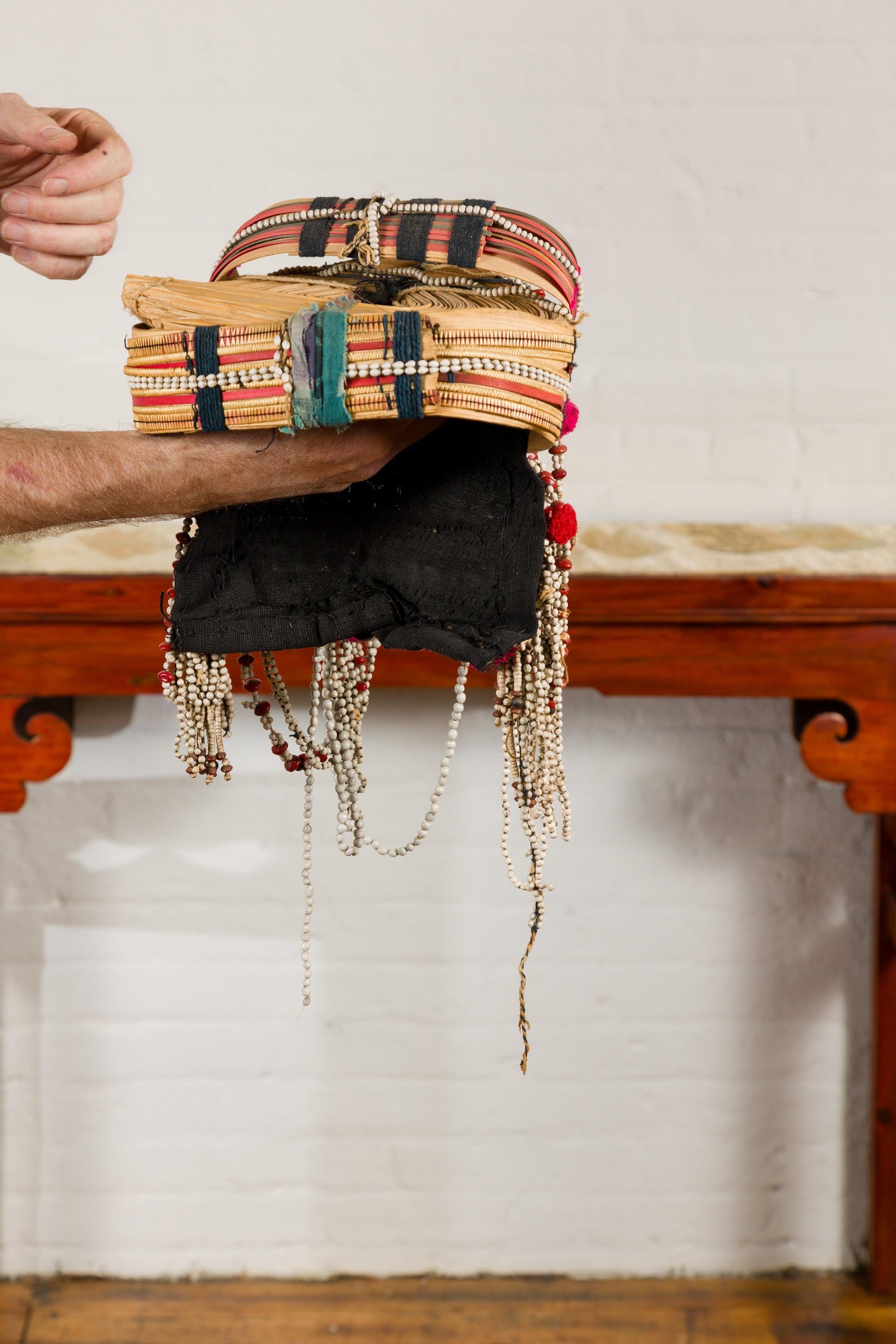 Ulo Tribal Akha Woman&#39;s Headdress with Framework of Bamboo and Beads