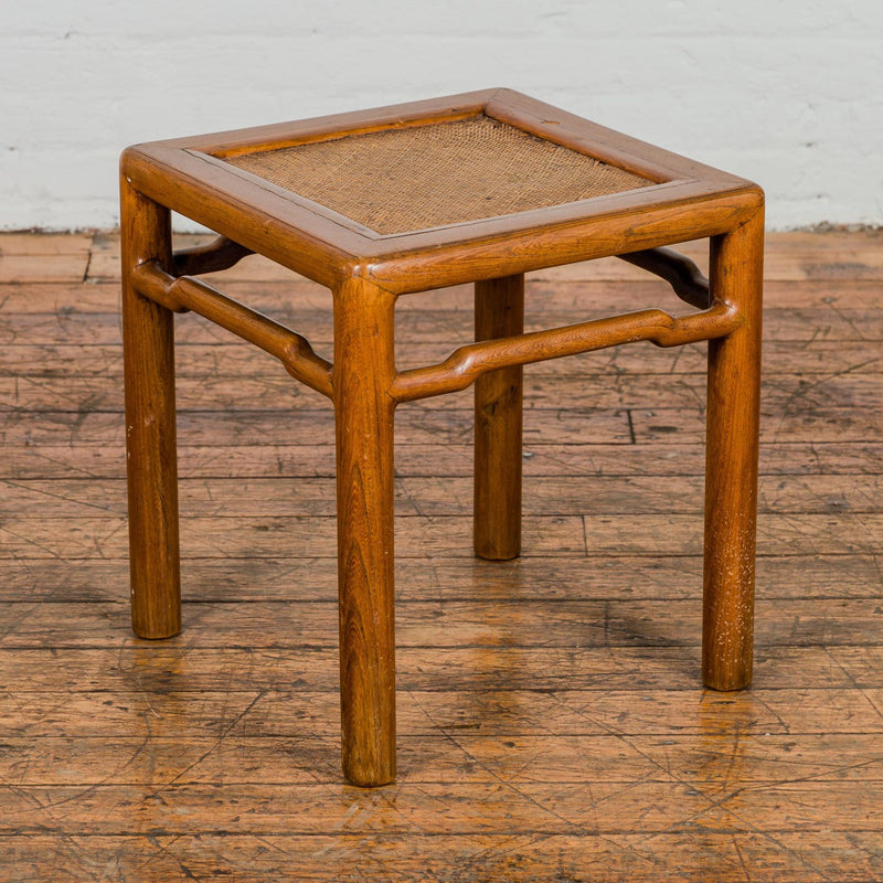 Antique Small Square Side Table with Rattan Insert and Humpback Stretcher-YN1964-3. Asian & Chinese Furniture, Art, Antiques, Vintage Home Décor for sale at FEA Home