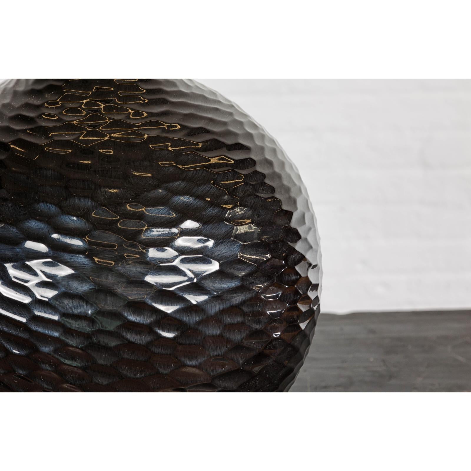Bulb Shaped Black Vase with Honeycomb Pattern