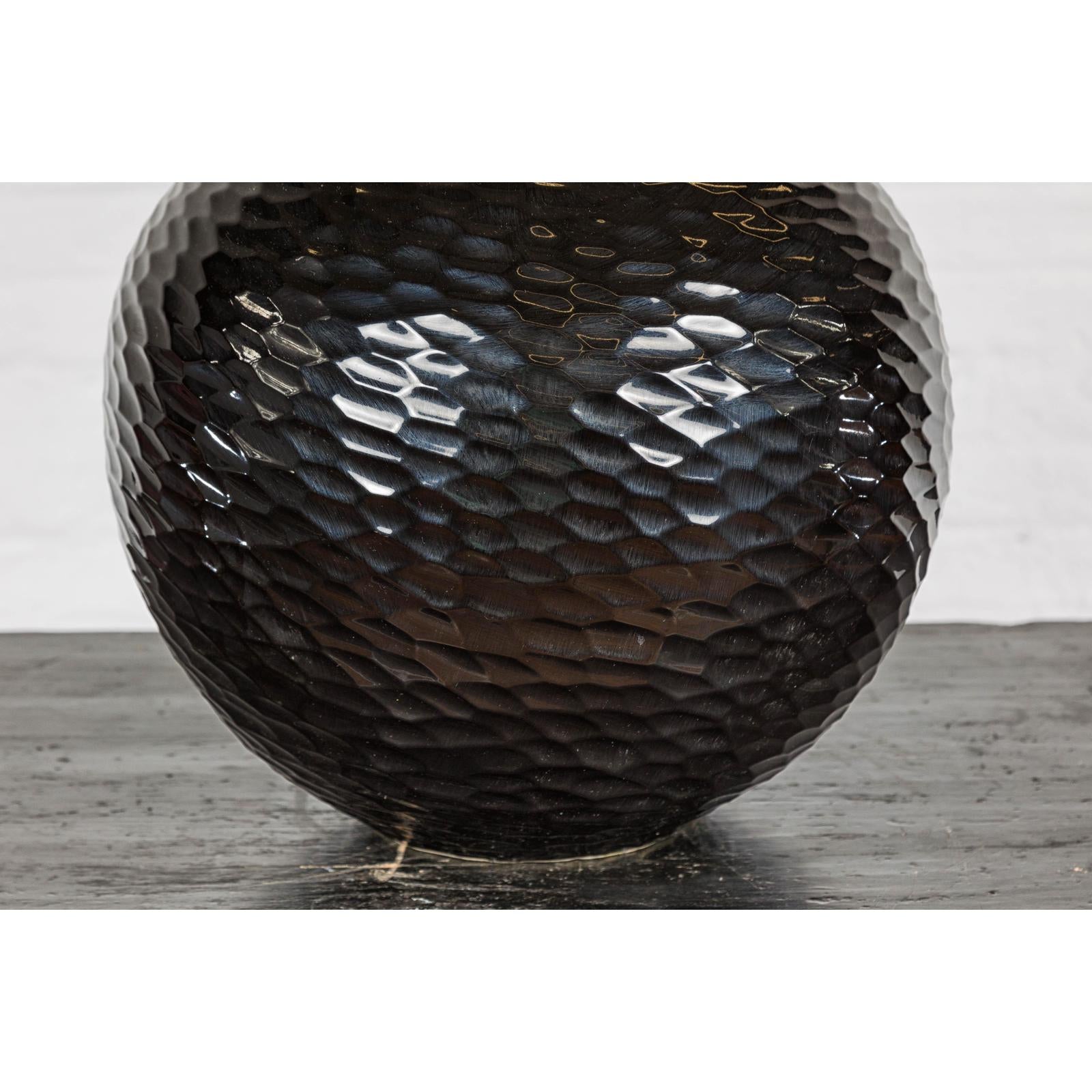 Bulb Shaped Black Vase with Honeycomb Pattern