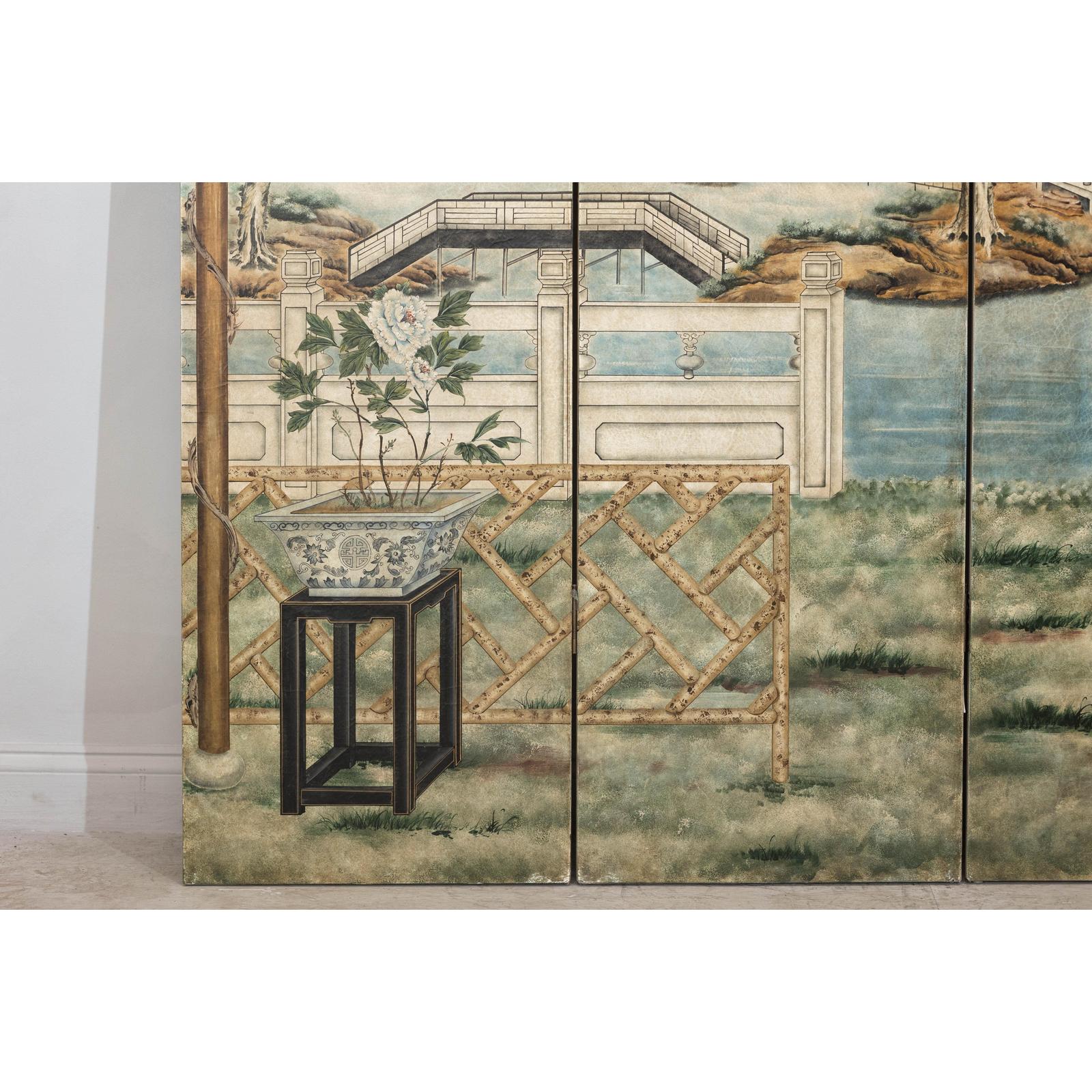 Hand-Painted Four-Panel Screen with Garden Pavilion and Peony Motifs
