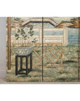 Hand-Painted Four-Panel Screen with Garden Pavilion and Peony Motifs