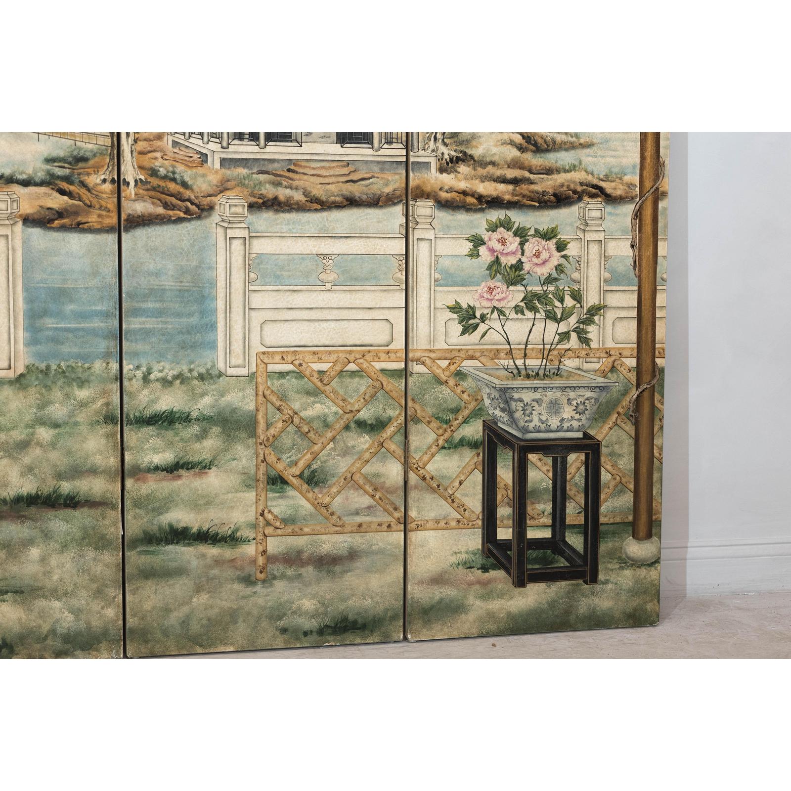 Hand-Painted Four-Panel Screen with Garden Pavilion and Peony Motifs