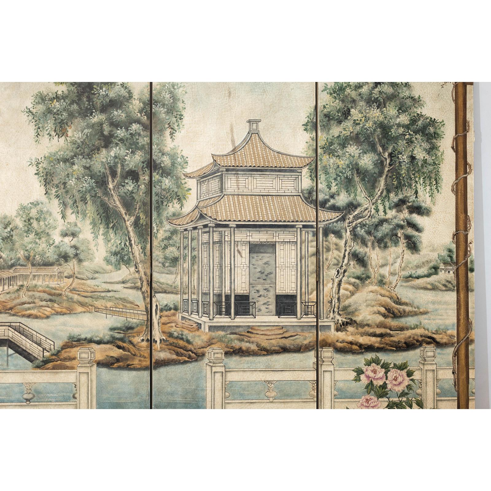 Hand-Painted Four-Panel Screen with Garden Pavilion and Peony Motifs