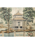 Hand-Painted Four-Panel Screen with Garden Pavilion and Peony Motifs
