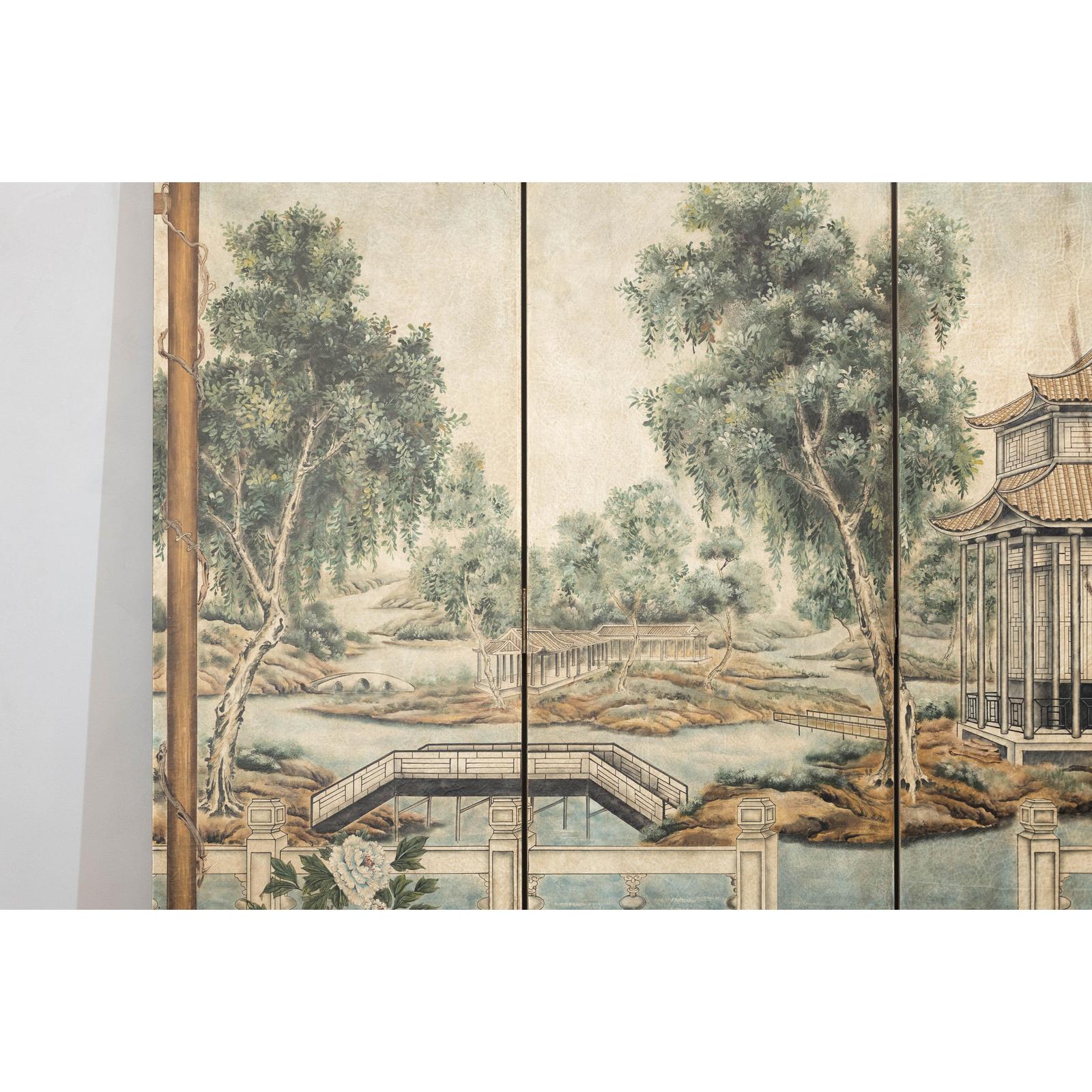 Hand-Painted Four-Panel Screen with Garden Pavilion and Peony Motifs