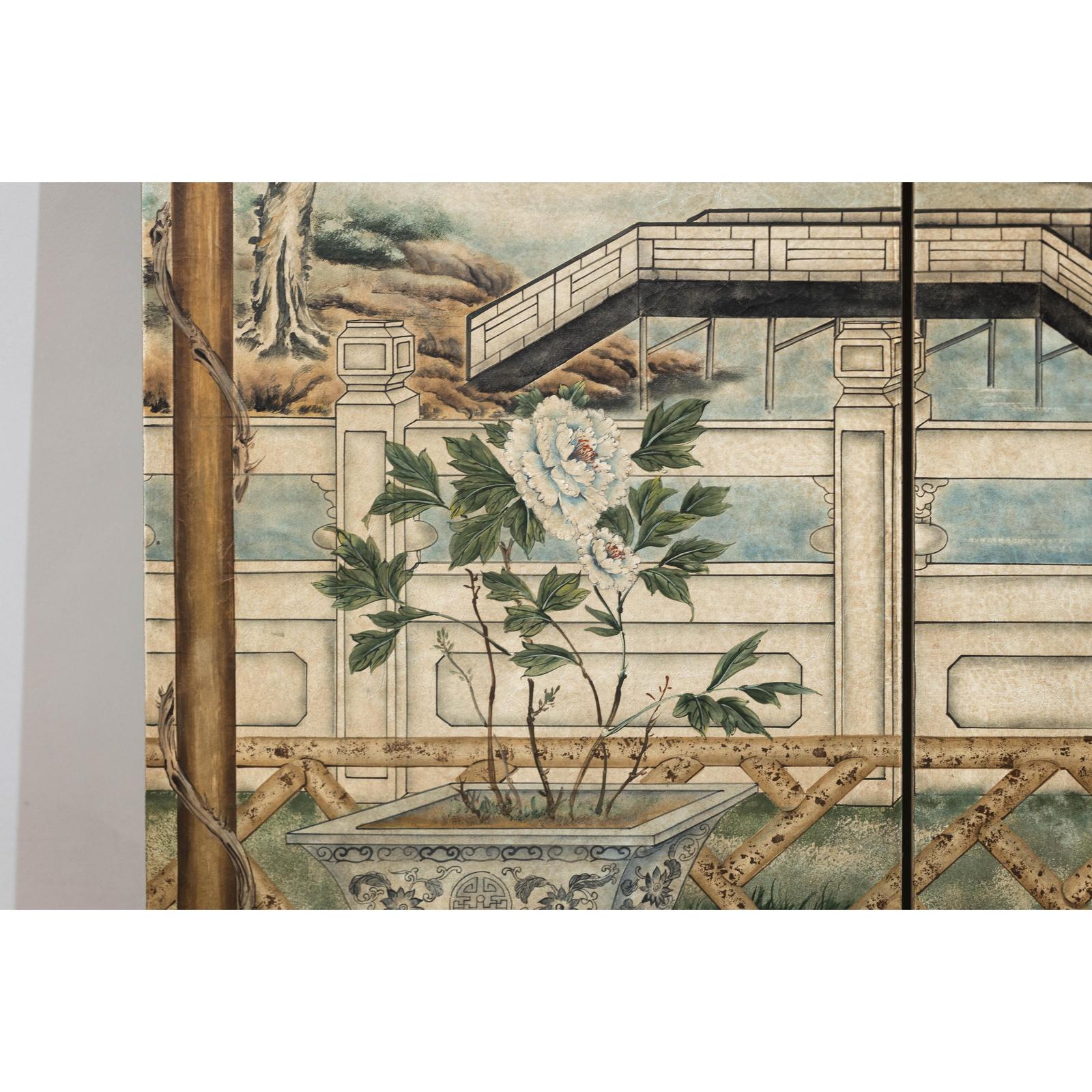 Hand-Painted Four-Panel Screen with Garden Pavilion and Peony Motifs