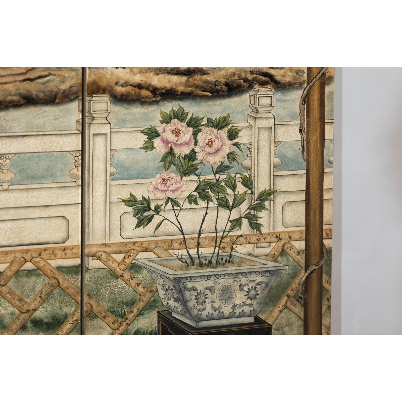 Hand-Painted Four-Panel Screen with Garden Pavilion and Peony Motifs