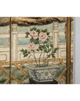 Hand-Painted Four-Panel Screen with Garden Pavilion and Peony Motifs