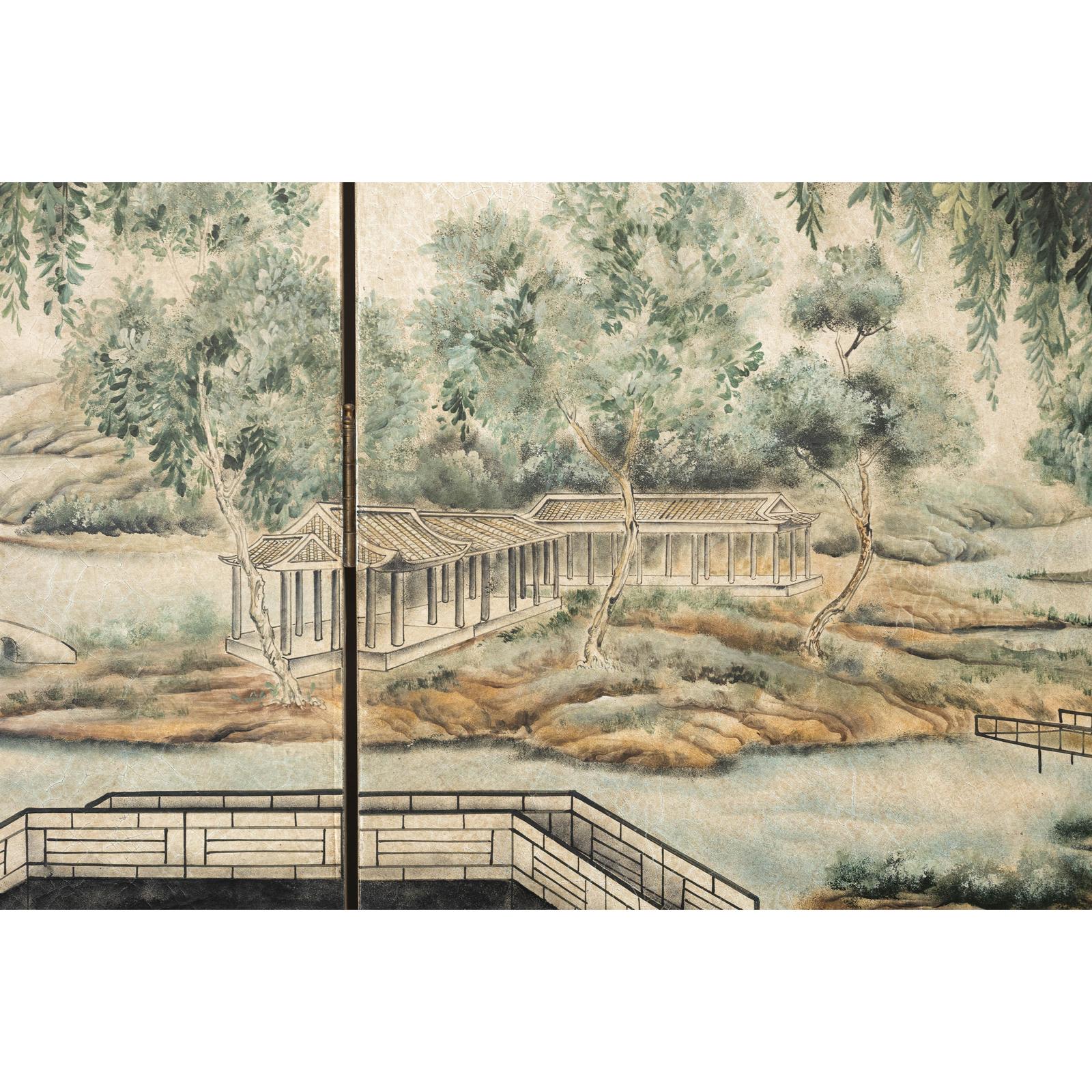 Hand-Painted Four-Panel Screen with Garden Pavilion and Peony Motifs