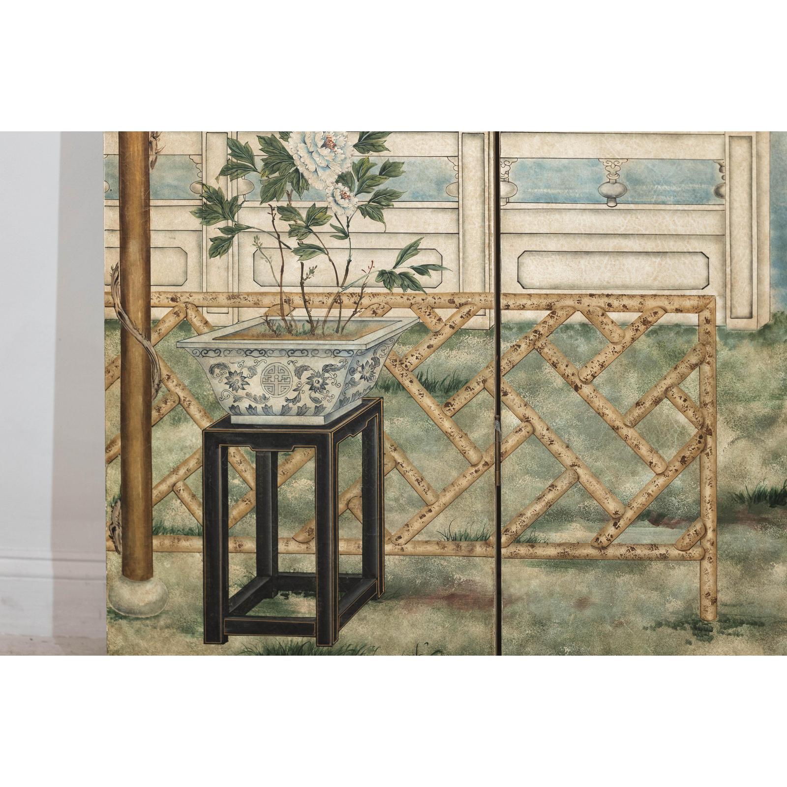 Hand-Painted Four-Panel Screen with Garden Pavilion and Peony Motifs